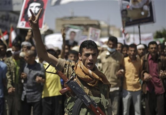 A defected Yemeni soldier chants slogans during a demonstration demanding the resignation of Yemen's president Ali Abdullah Saleh, in Sanaa, Yemen, on&nbsp;Wednesday, Sept. 28, 2011.